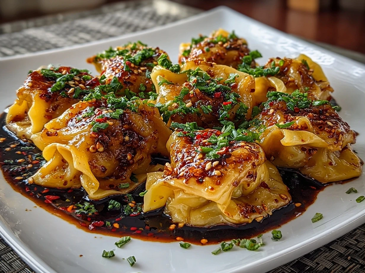 Close-up of finished Spicy Wontons in Chilli Sauce with chili oil and green onions