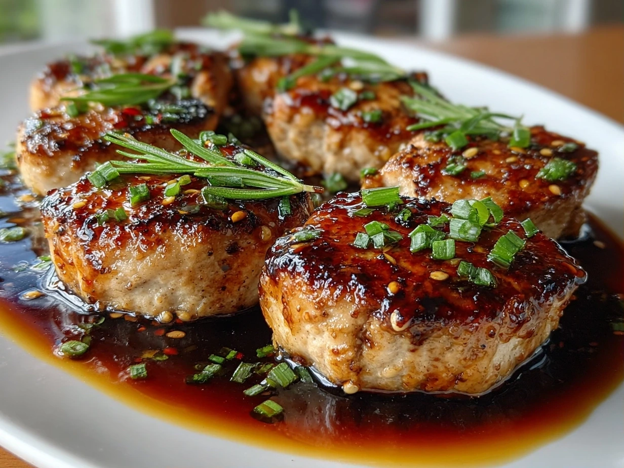 Close-up of finished Turkey Medallions with Orange Teriyaki Sauce glazed and garnished with sesame seeds and green onions