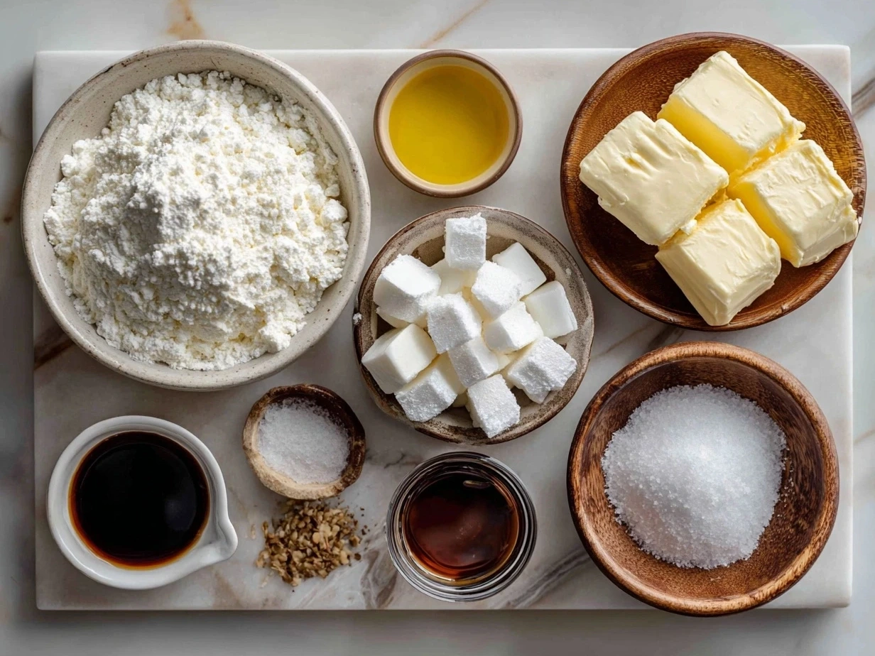 Ingredients for French Butter Cake laid out on a table