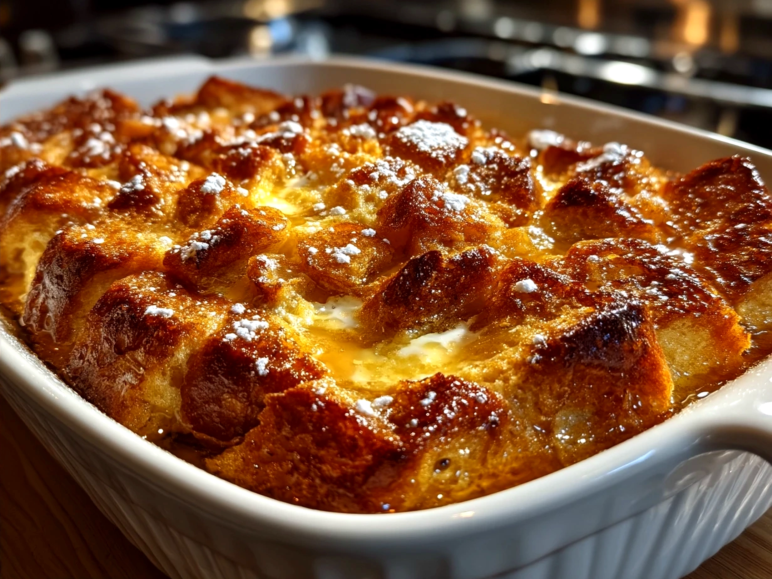 A slice of French Toast Casserole served with powdered sugar, fresh fruit, and syrup