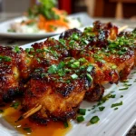 Freshly prepared Bang Bang Chicken Skewers on white plate