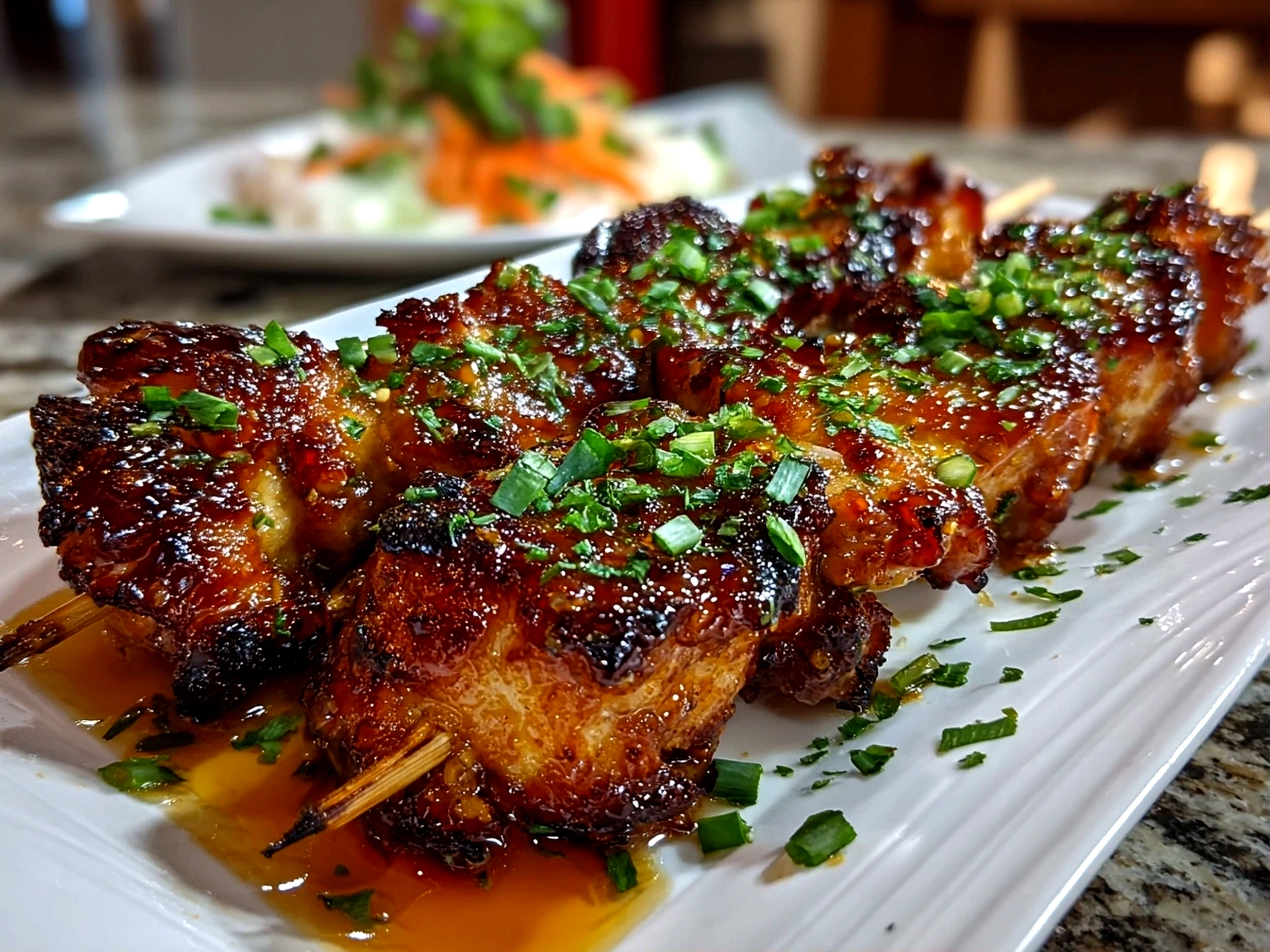 Freshly prepared Bang Bang Chicken Skewers on white plate