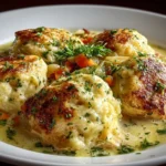 Freshly prepared Chicken and Dumplings on white marble