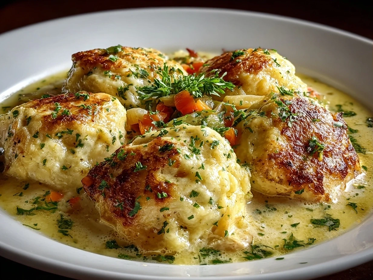 Freshly prepared Chicken and Dumplings on white marble