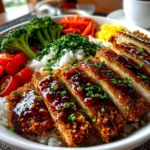 Freshly prepared Japanese Katsu Bowl on white plate