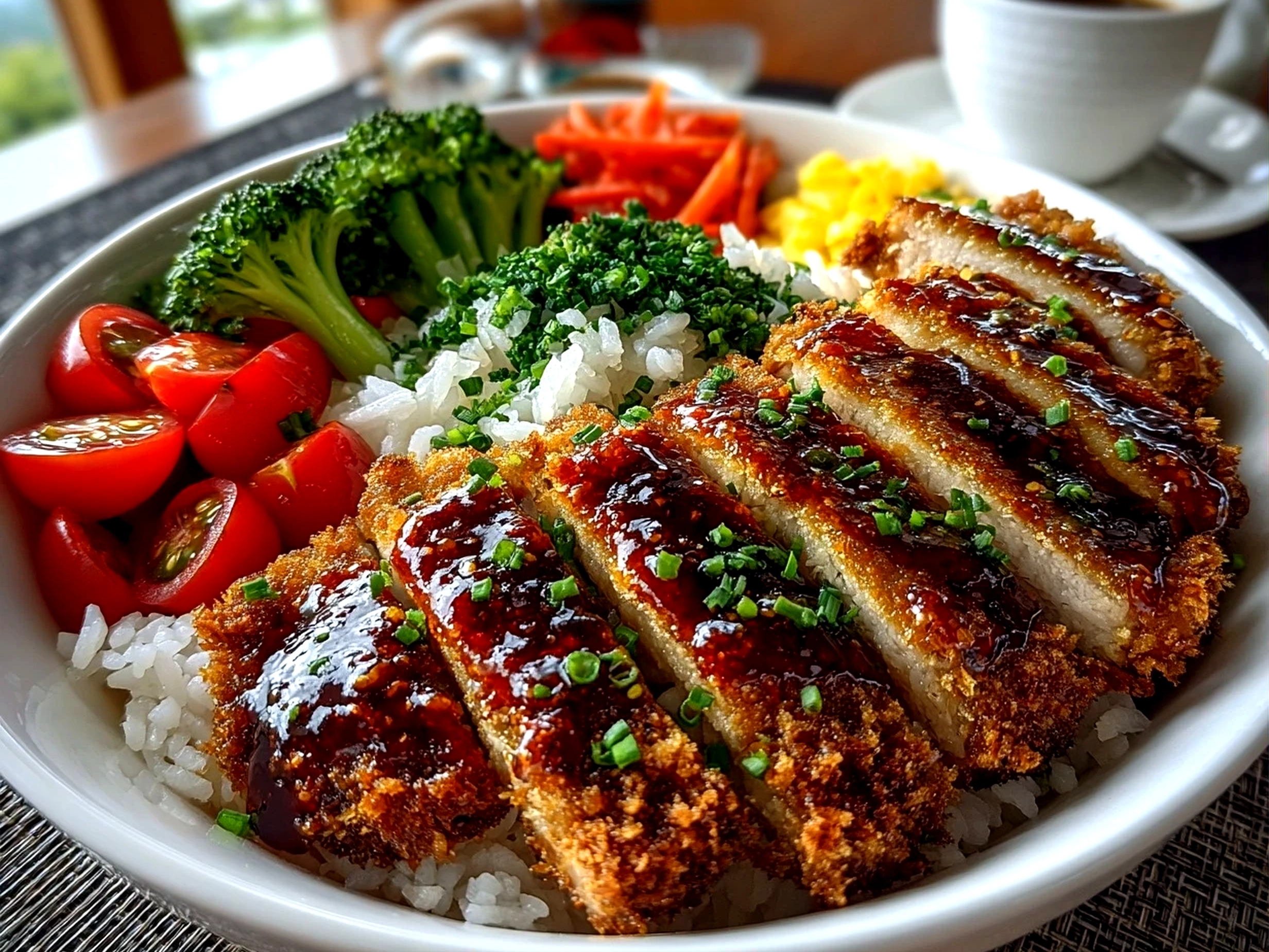 Freshly prepared Japanese Katsu Bowl on white plate