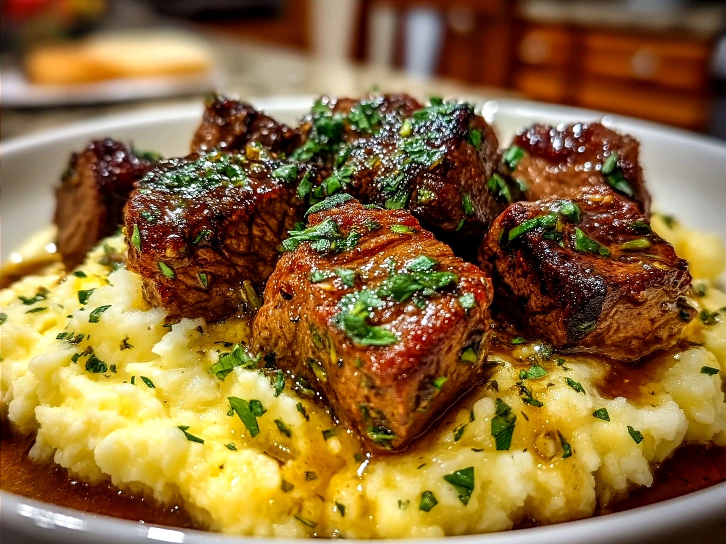 Garlic Butter Beef Bites served with Creamy Mashed Potatoes garnished with parsley