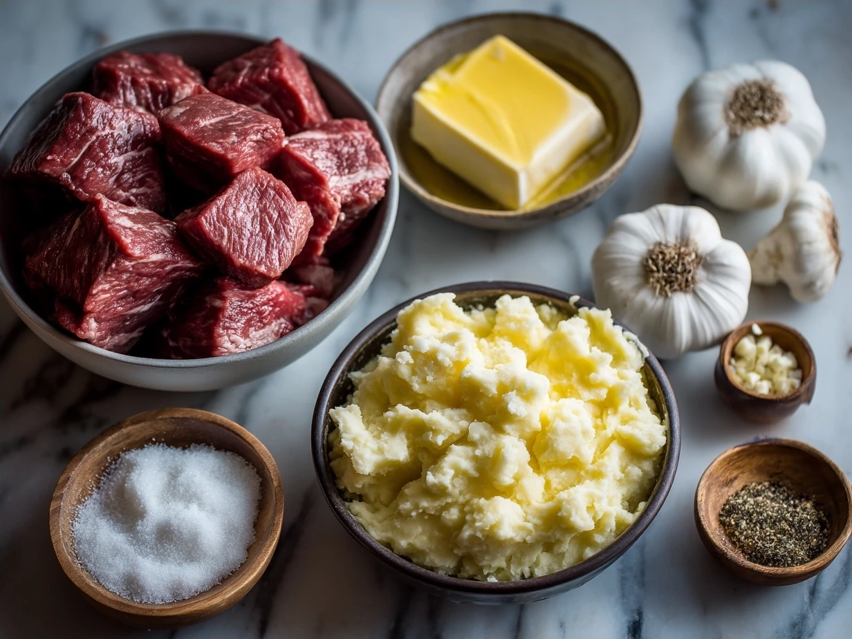 Ingredients laid out for Garlic Butter Beef Bites with Creamy Mashed Potatoes