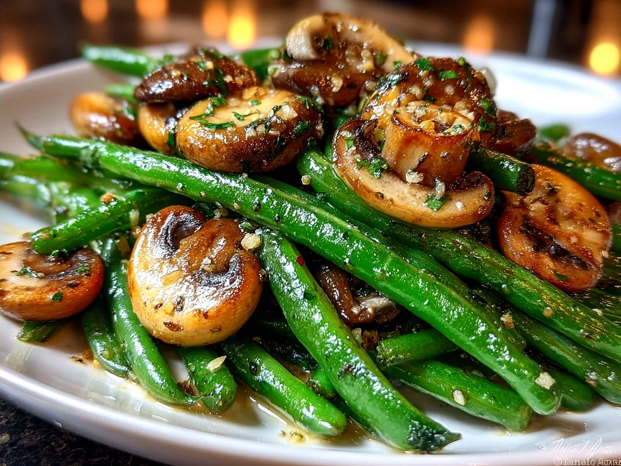 Serving of Garlic Butter Sauted Green Beans and Mushrooms on a plate ready to eat