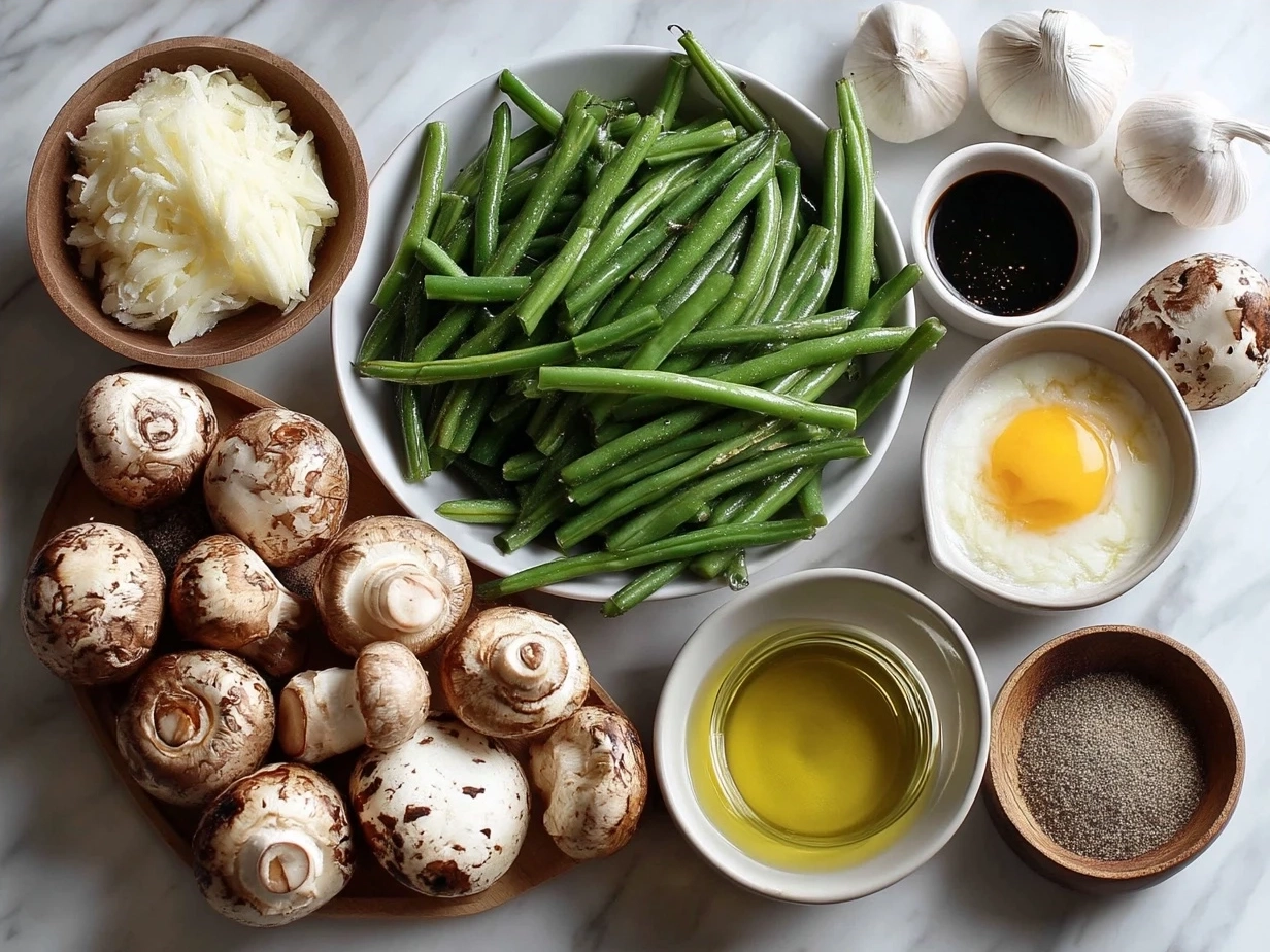 Ingredients for Garlic Butter Sauted Green Beans and Mushrooms including green beans, mushrooms, garlic, butter, and olive oil