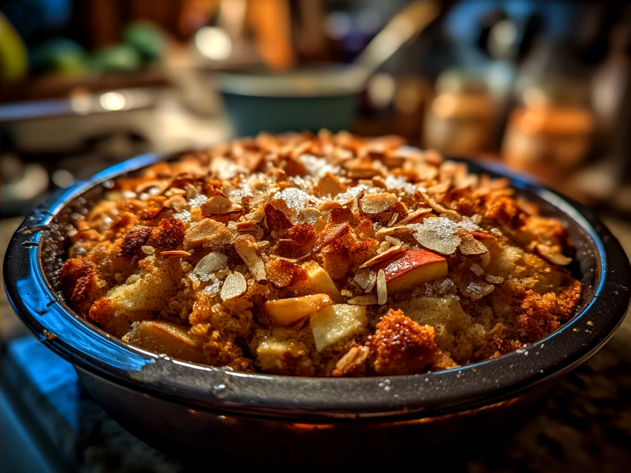Serving suggestion for Ginger-Spiced Apple Holiday Bake with vanilla ice cream and cinnamon