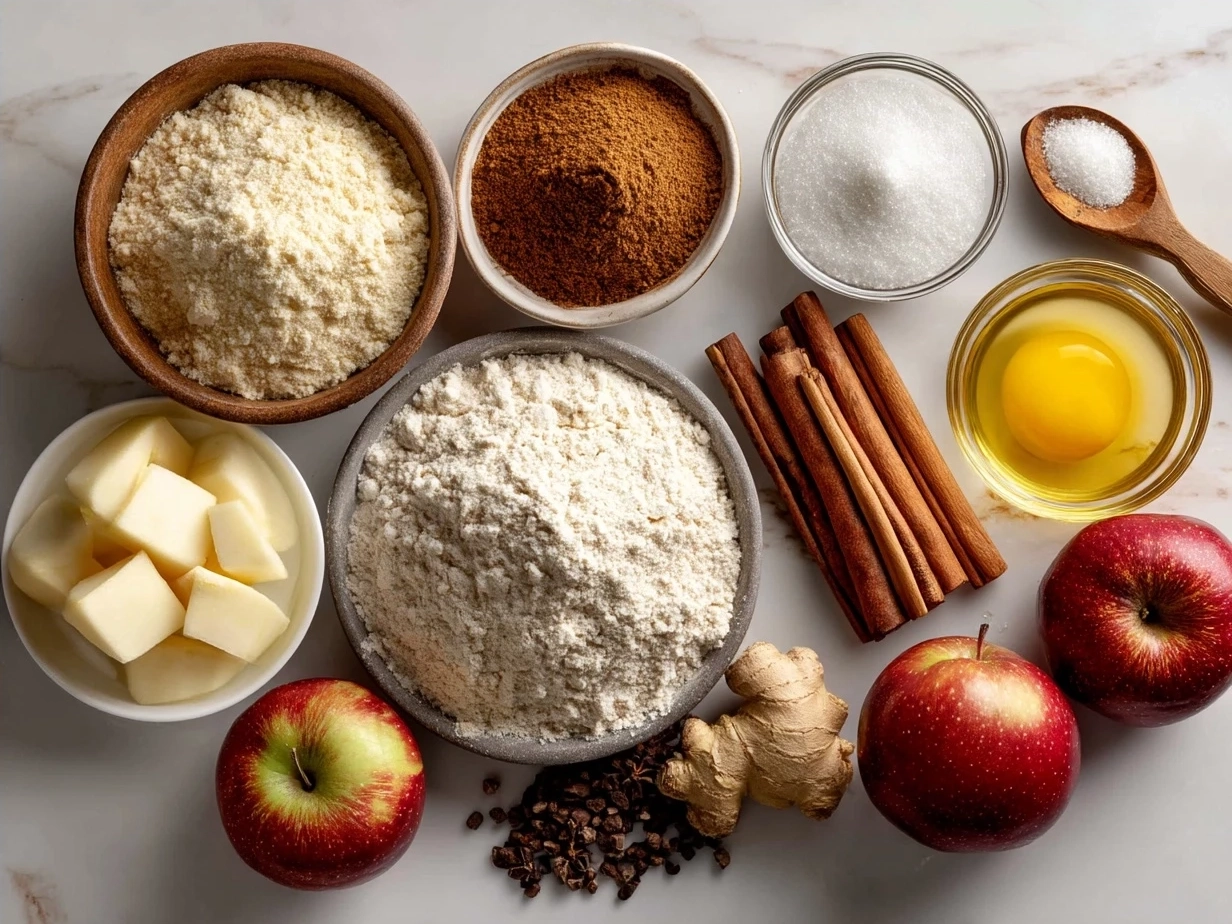 Ingredients for Ginger-Spiced Apple Holiday Bake including apples, spices, oats, and butter