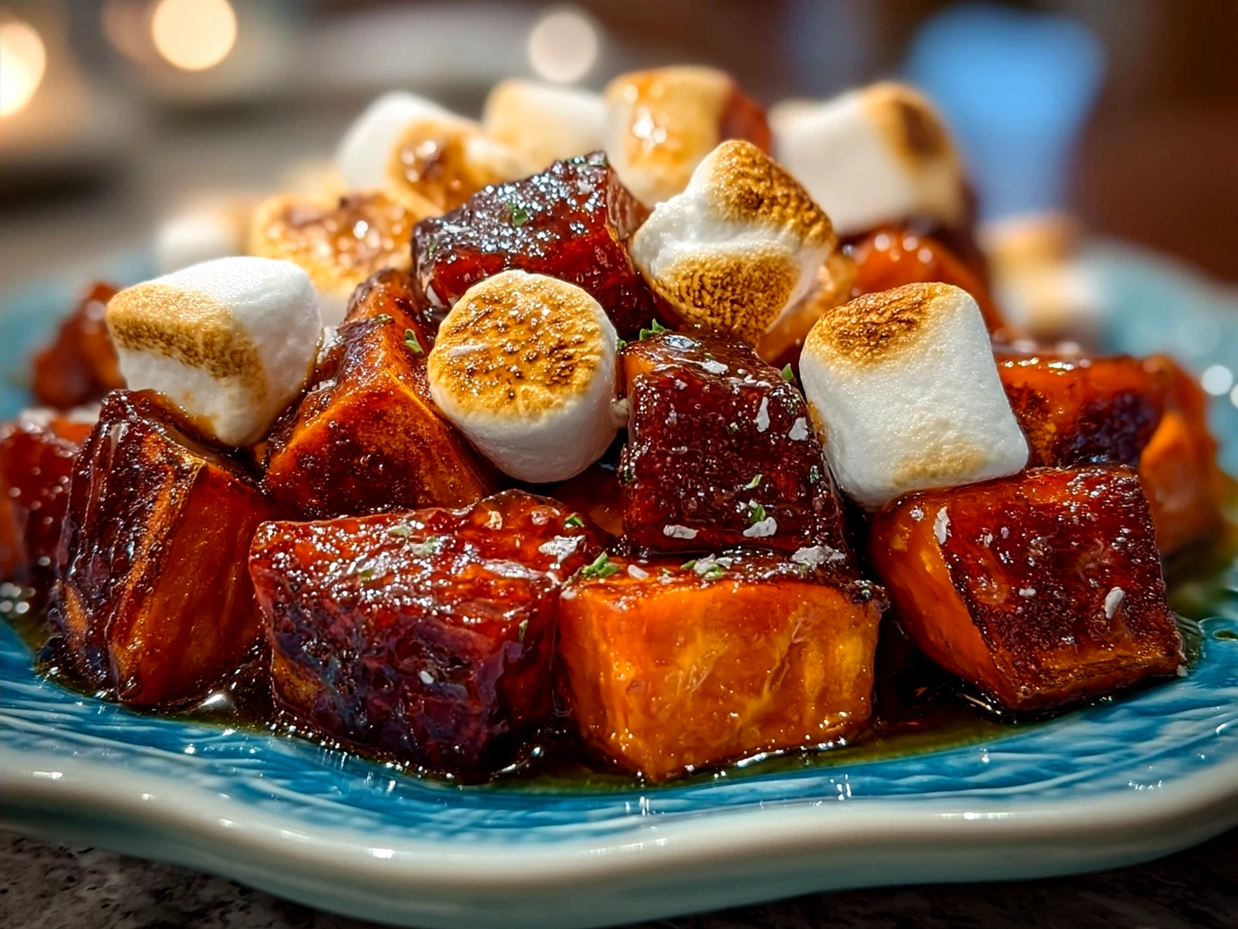 Golden Glazed Candied Sweet Potatoes topped with toasted marshmallows served in a ceramic dish