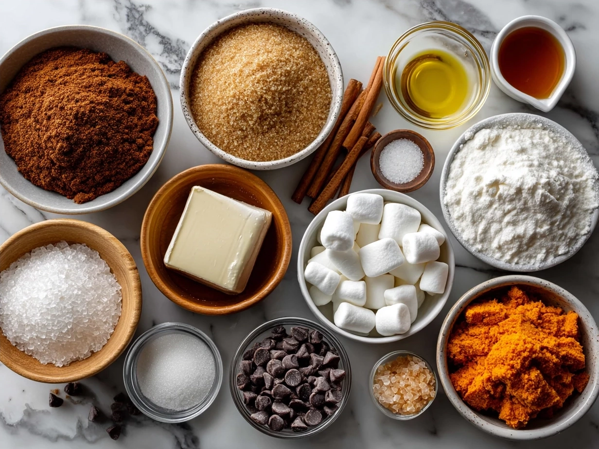 Ingredients for Glazed Candied Sweet Potatoes With Marshmallows laid out on a kitchen counter
