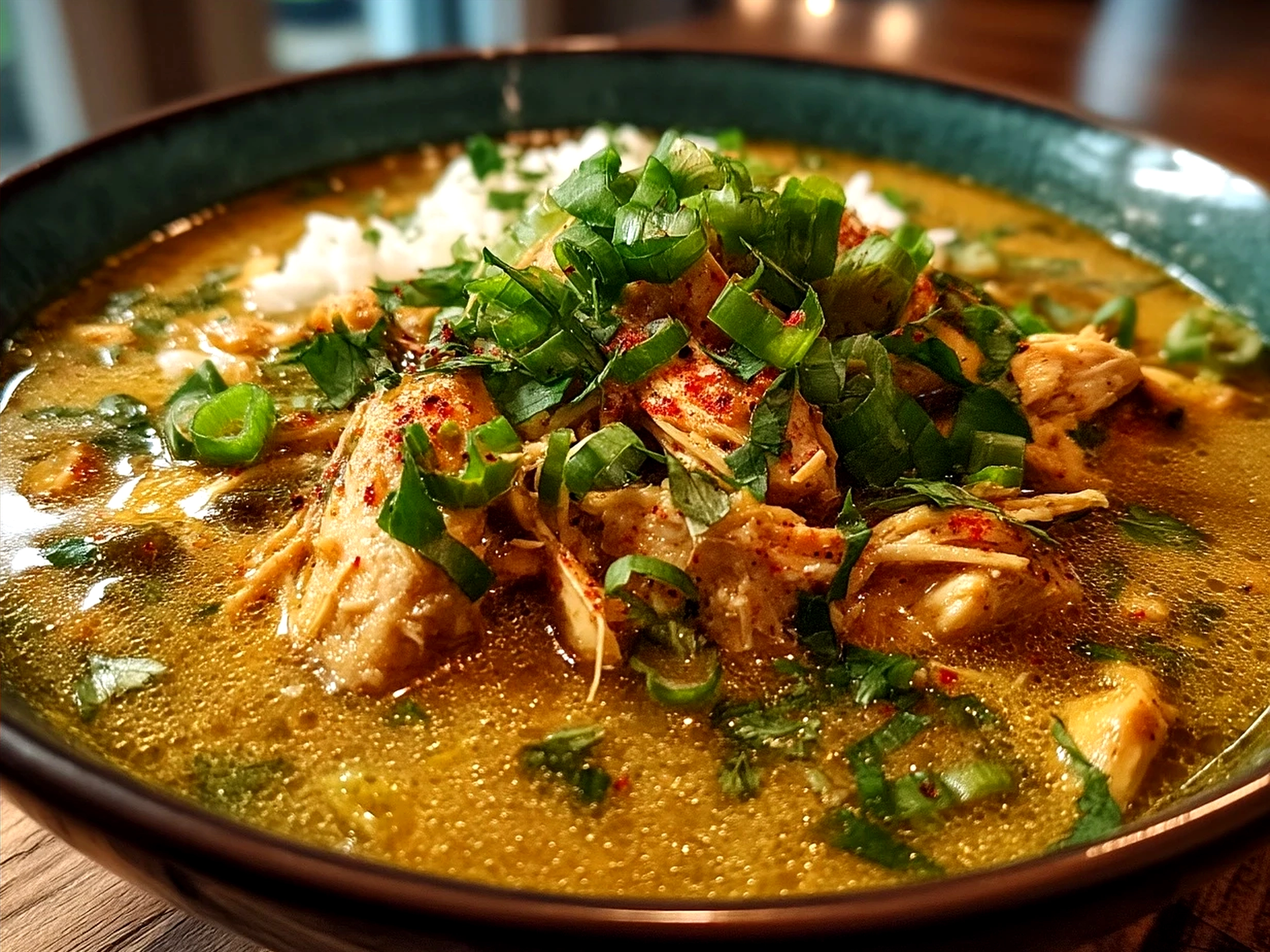 Bowl of Green Chicken Chili served with tortillas