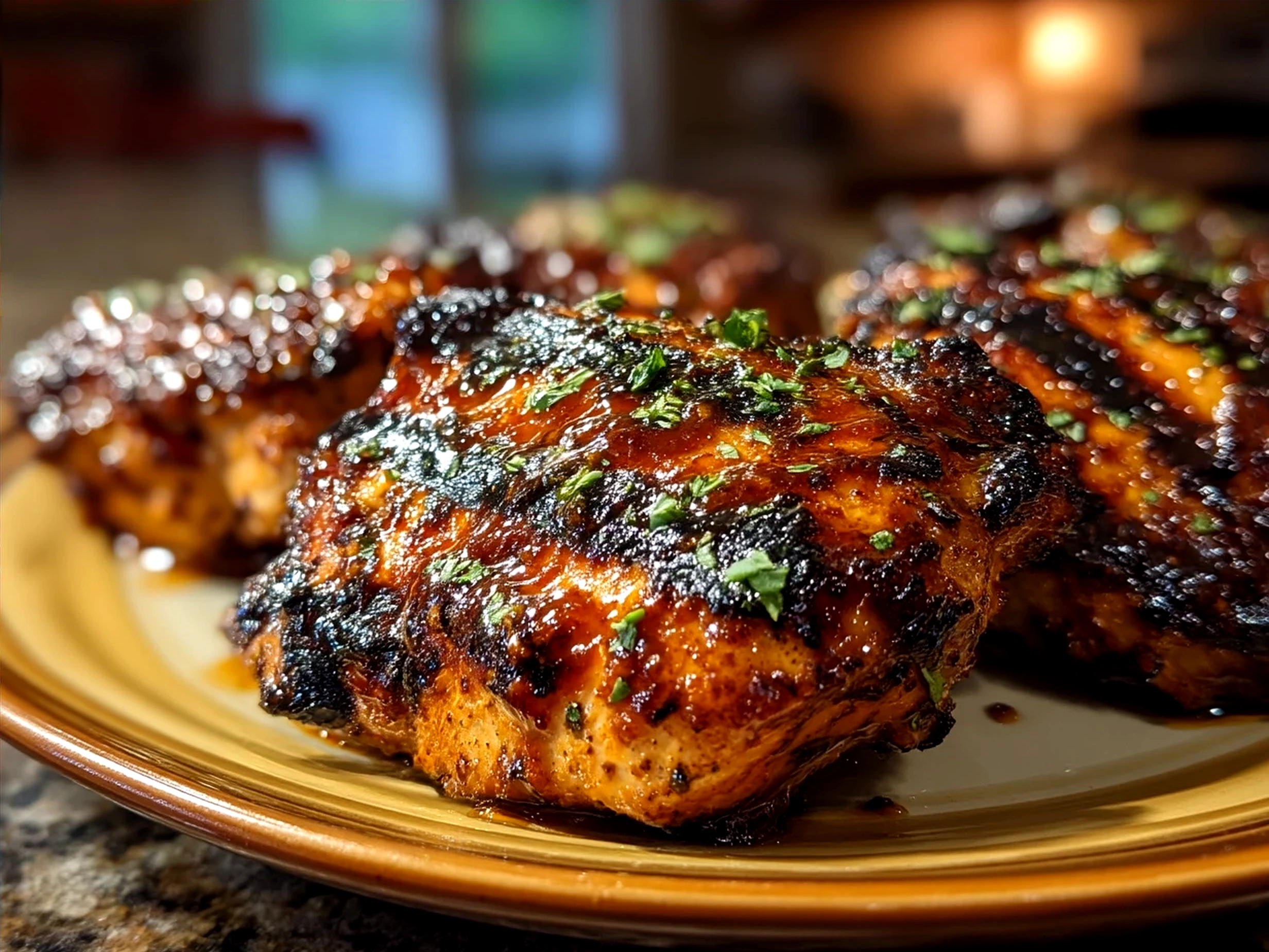 Grilled BBQ Boneless Chicken Thighs served with sides