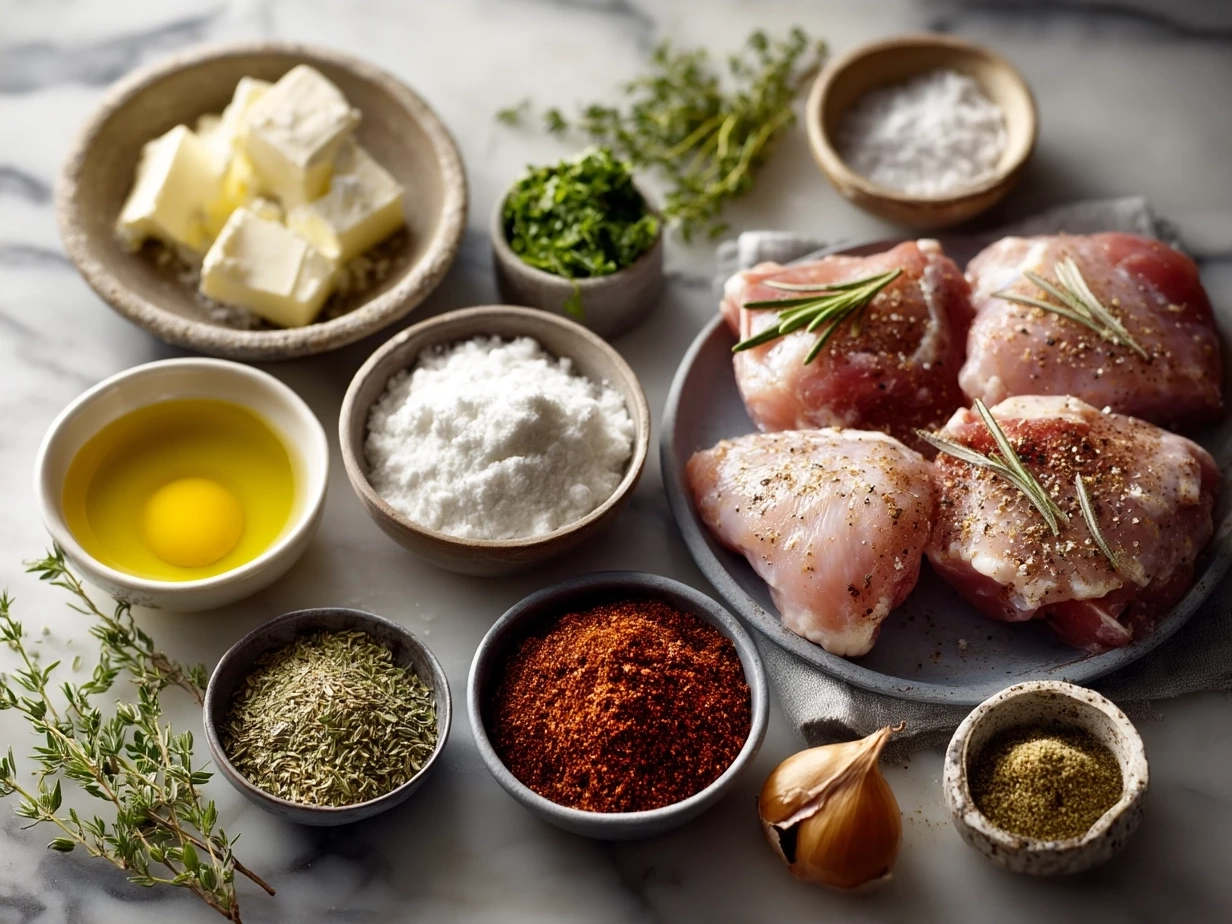 Ingredients for Grilled BBQ Boneless Chicken Thighs including spices, chicken thighs, and BBQ sauce