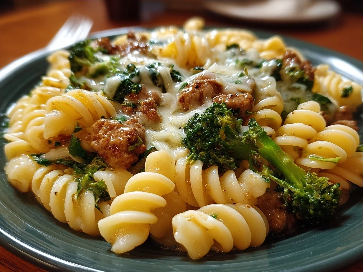 Serving ground turkey broccoli pasta garnished with Parmesan cheese and fresh herbs