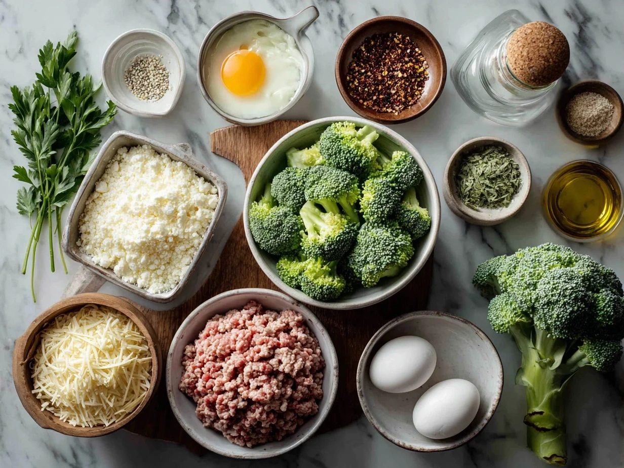 Ingredients for ground turkey broccoli pasta including ground turkey, pasta, broccoli, olive oil, garlic, and Parmesan cheese