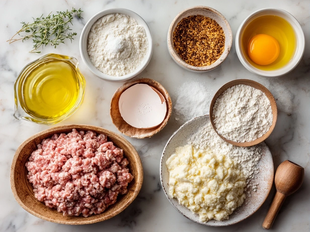 Ingredients for Ground Turkey Pasta laid out on a kitchen counter