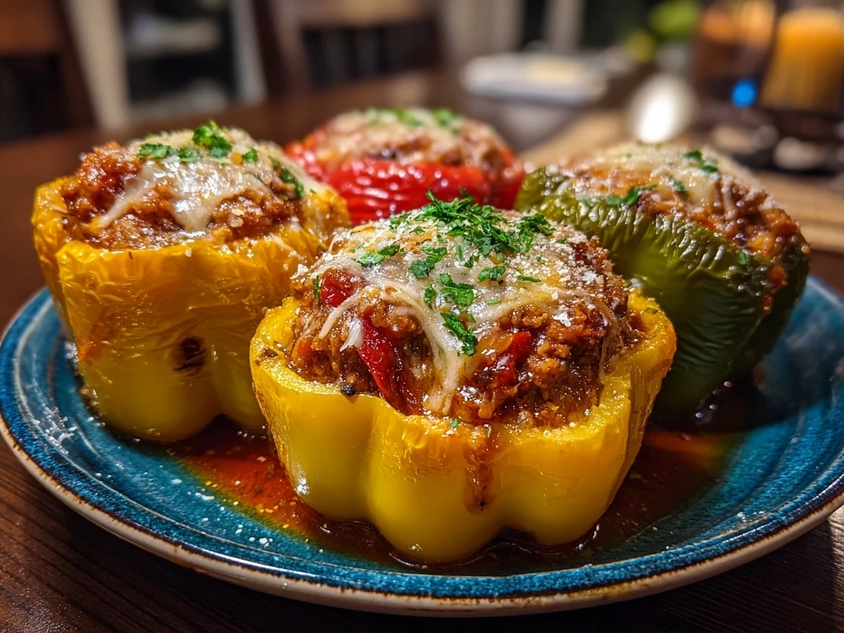 A plate of delicious Ground Turkey Stuffed Peppers garnished with fresh parsley