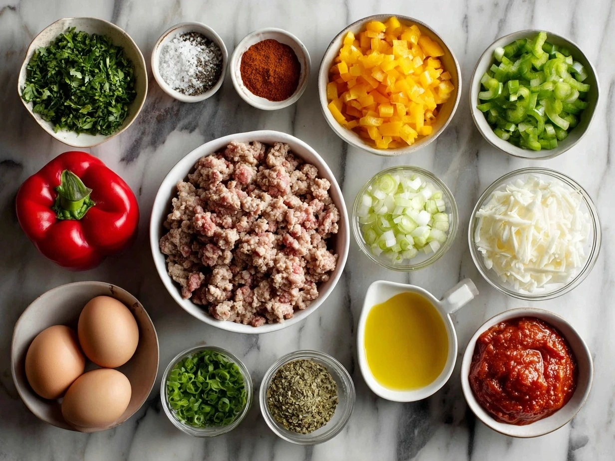 Ingredients for Ground Turkey Stuffed Peppers including bell peppers, ground turkey, rice, onion, garlic, tomatoes, and cheese