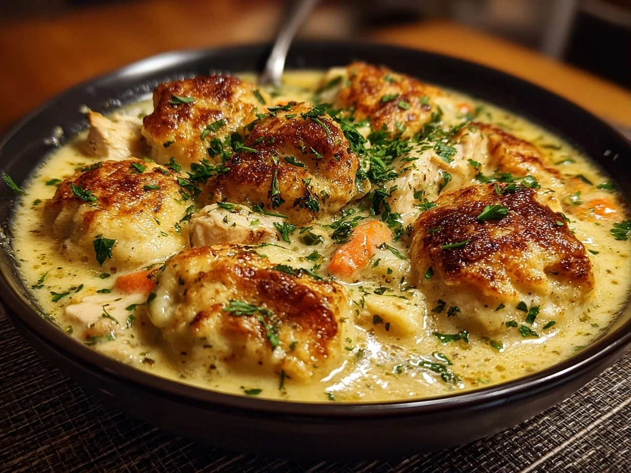 Close up of finished chicken and dumplings in a bowl held by a home cook