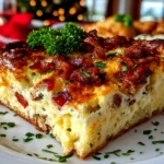 Home cook, iPhone 15 Pro. Close-up slight angle of delicious Christmas Breakfast Casserole on white plate. Warm appetizing --ar 4:3 --style raw --s 245