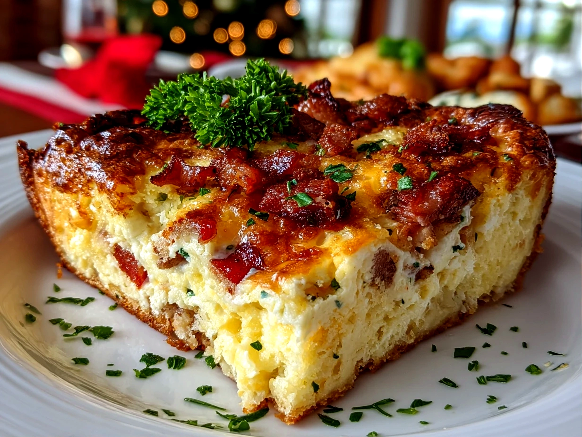 Home cook, iPhone 15 Pro. Close-up slight angle of delicious Christmas Breakfast Casserole on white plate. Warm appetizing --ar 4:3 --style raw --s 245