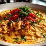 Home Cook, taken with iPhone 14. Close-up slight angle of beautifully plated Cheats Chicken Laksa on white plate. Mouthwatering finish --ar 4:3 --style raw --s 260