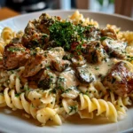 Home cook, taken with iPhone 14. Close-up slight angle of comforting Turkey Stroganoff on white plate. Hearty comforting --ar 4:3 --style raw --s 240