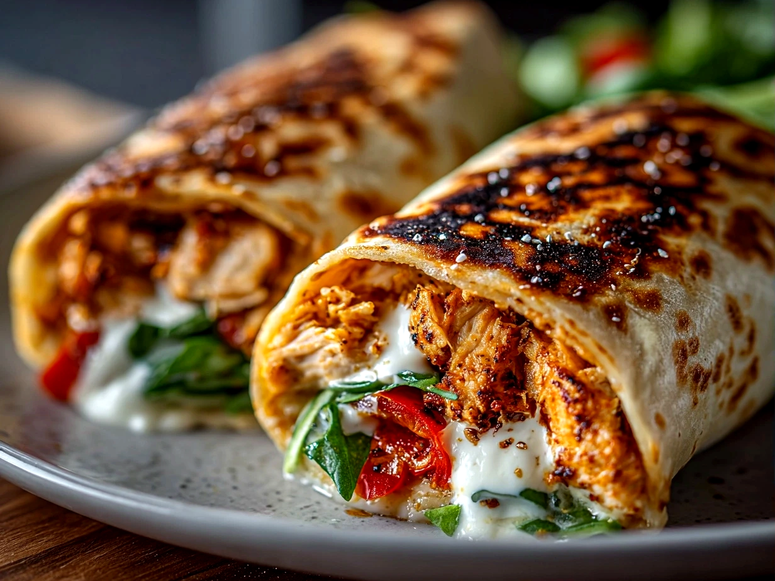 Home cook, taken with iPhone 14. Close-up slight angle of delicious air fryer chicken mozzarella wraps on white plate. Mouthwatering --ar 4:3 --style raw --s 230