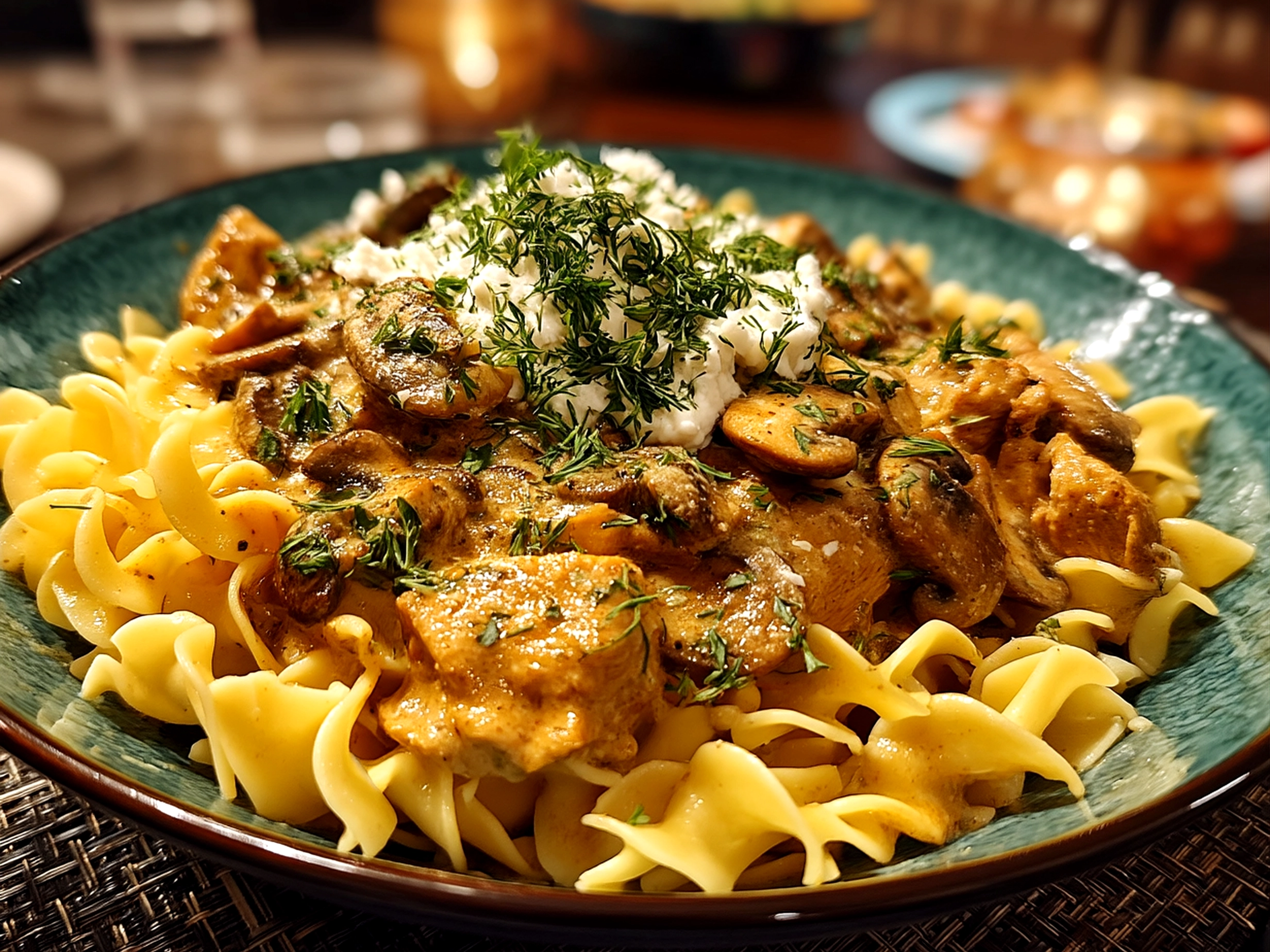 Close-up of finished comforting Turkey Stroganoff served warm