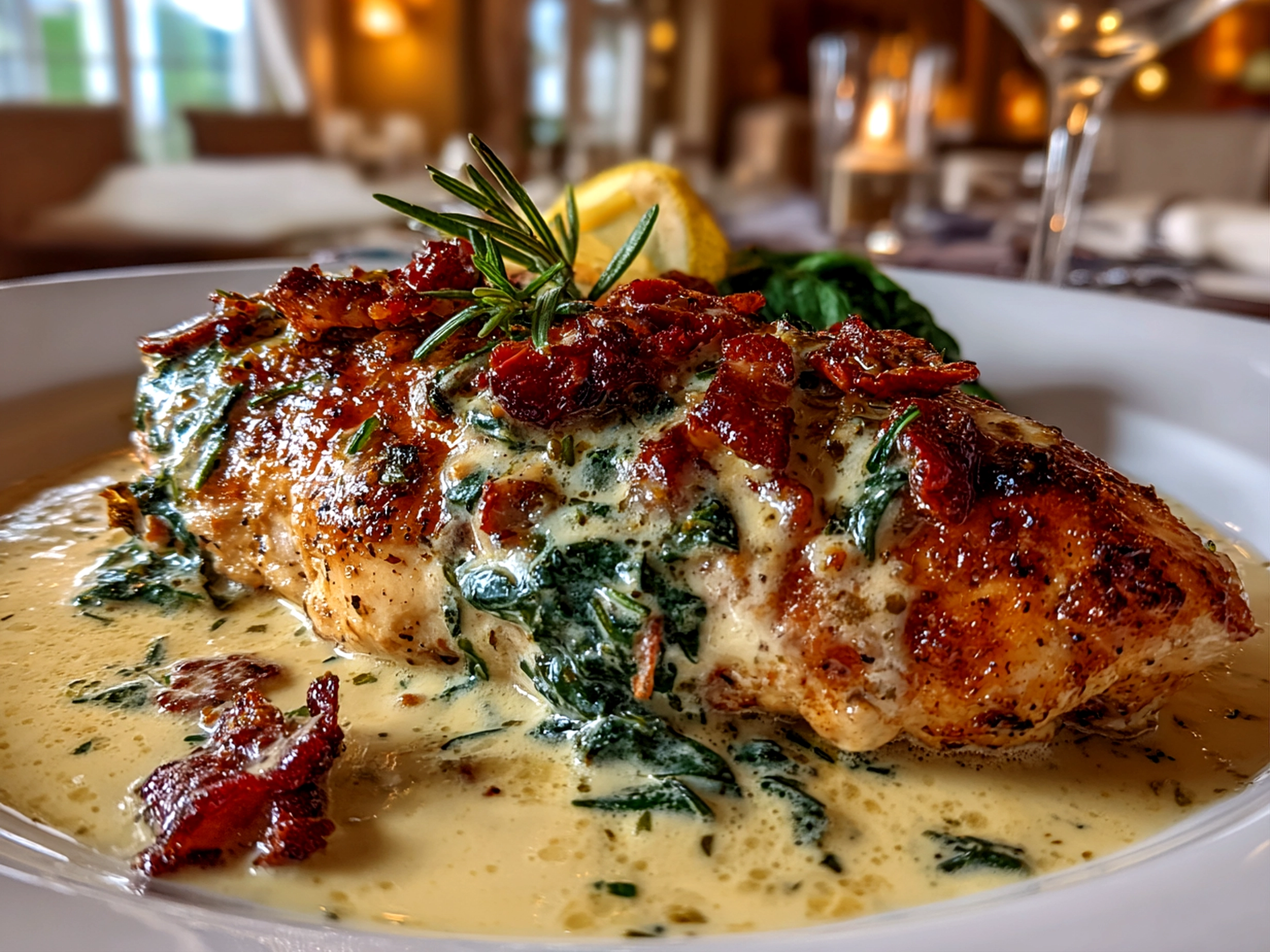 Homemade Creamy Tuscan Chicken plated on white dish