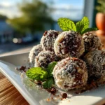 Homemade Mint Chocolate Chip Protein Balls on white plate