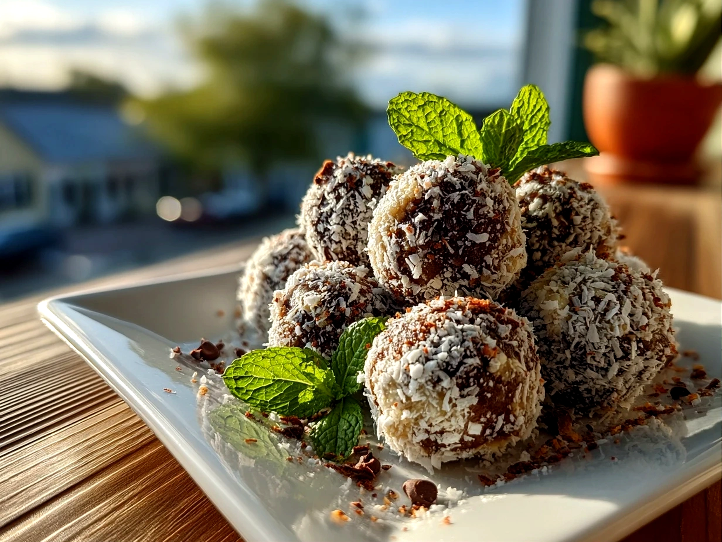 Homemade Mint Chocolate Chip Protein Balls on white plate