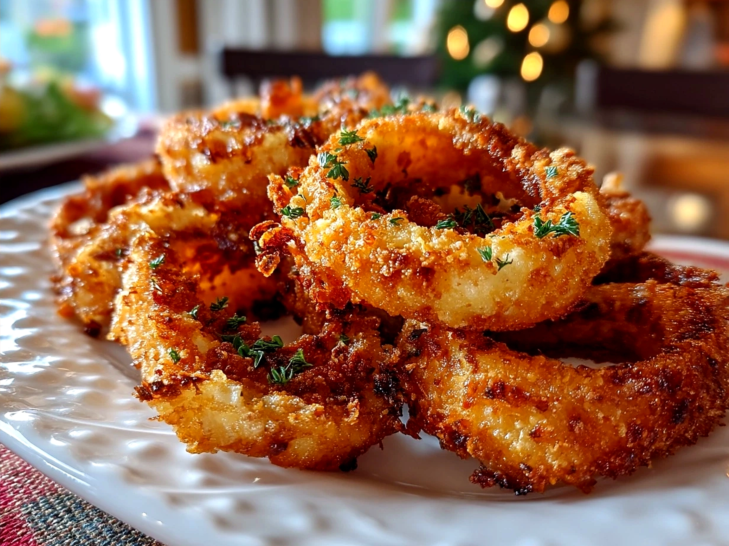 Plate of Homemade Crispy Onion Rings served with dipping sauce