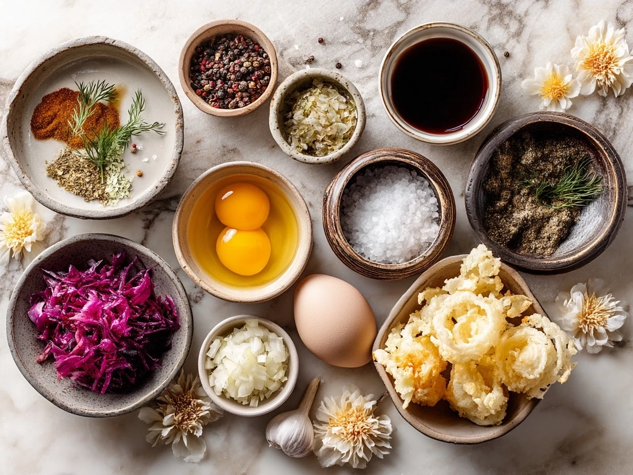 Ingredients for Homemade Crispy Onion Rings including onions, flour, baking powder, salt, pepper, buttermilk, egg, panko breadcrumbs, and vegetable oil