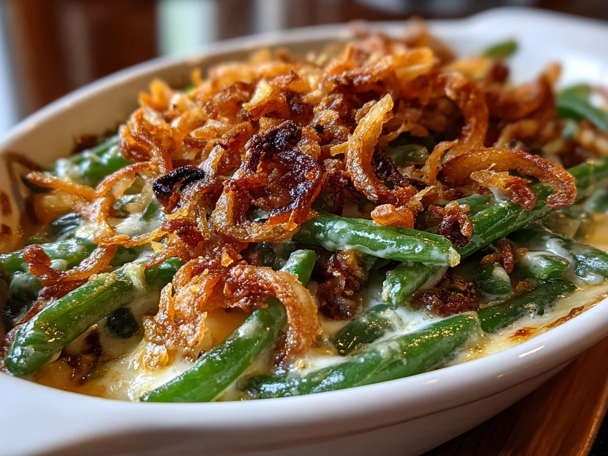 Golden crispy Homemade Green Bean Casserole fresh from the oven