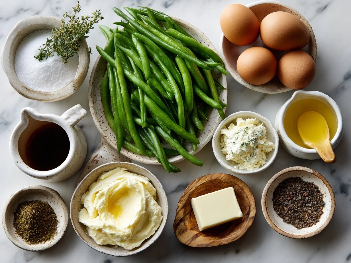 Ingredients for Homemade Green Bean Casserole laid out on a kitchen counter