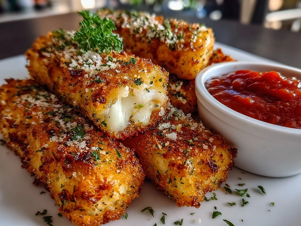 Final plated homemade mozzarella sticks with dipping sauce