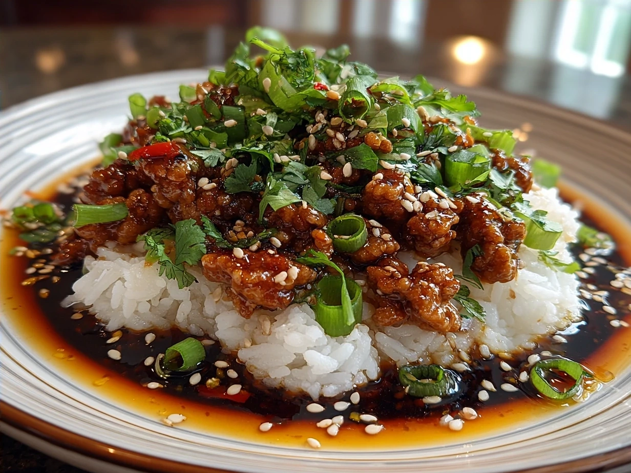 Final plated Honey Garlic Ground Turkey served with rice and garnished with green onions and sesame seeds