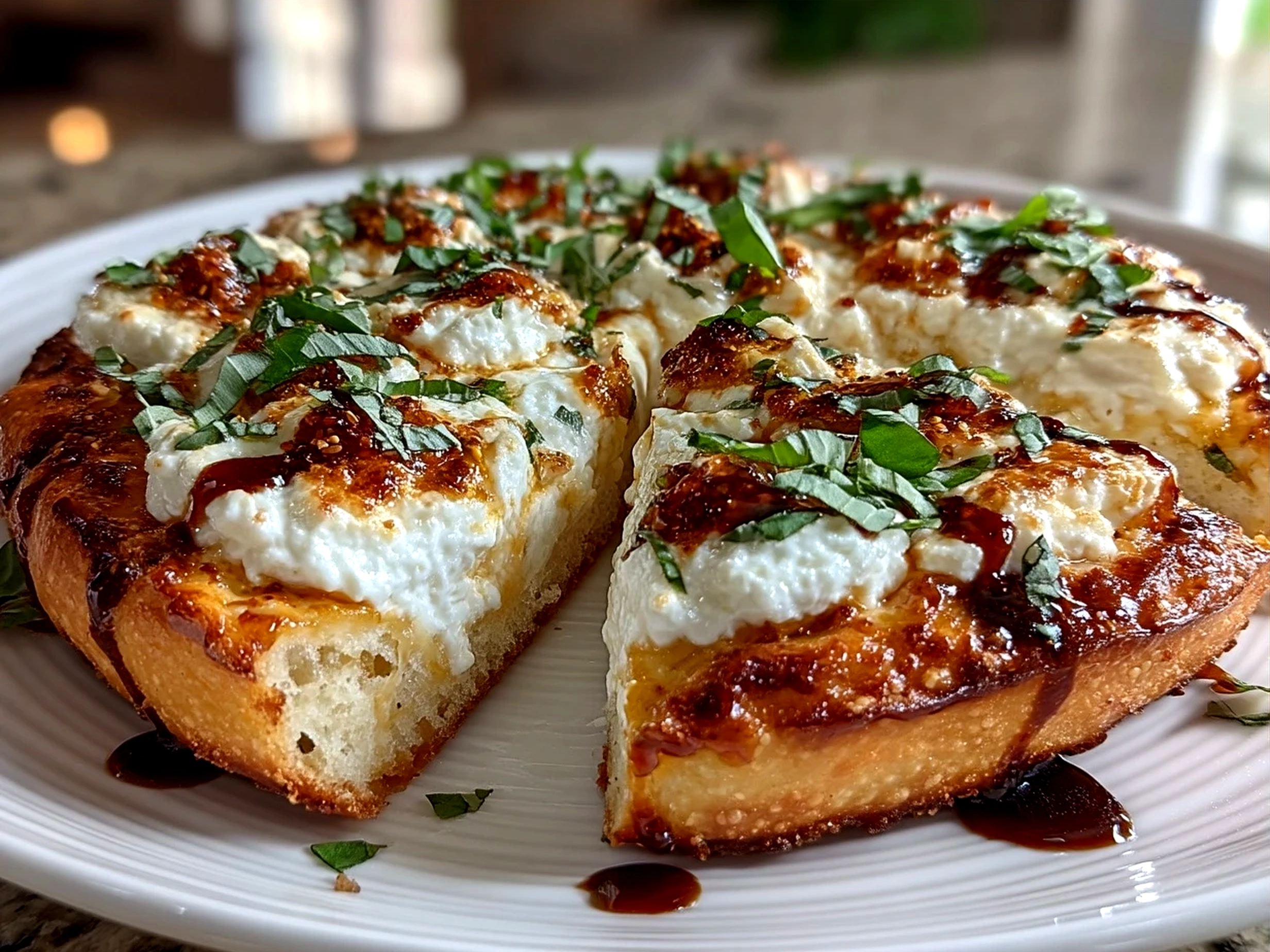 Baked Honey Ricotta Pizza with fresh basil and honey drizzle on plate ready to serve
