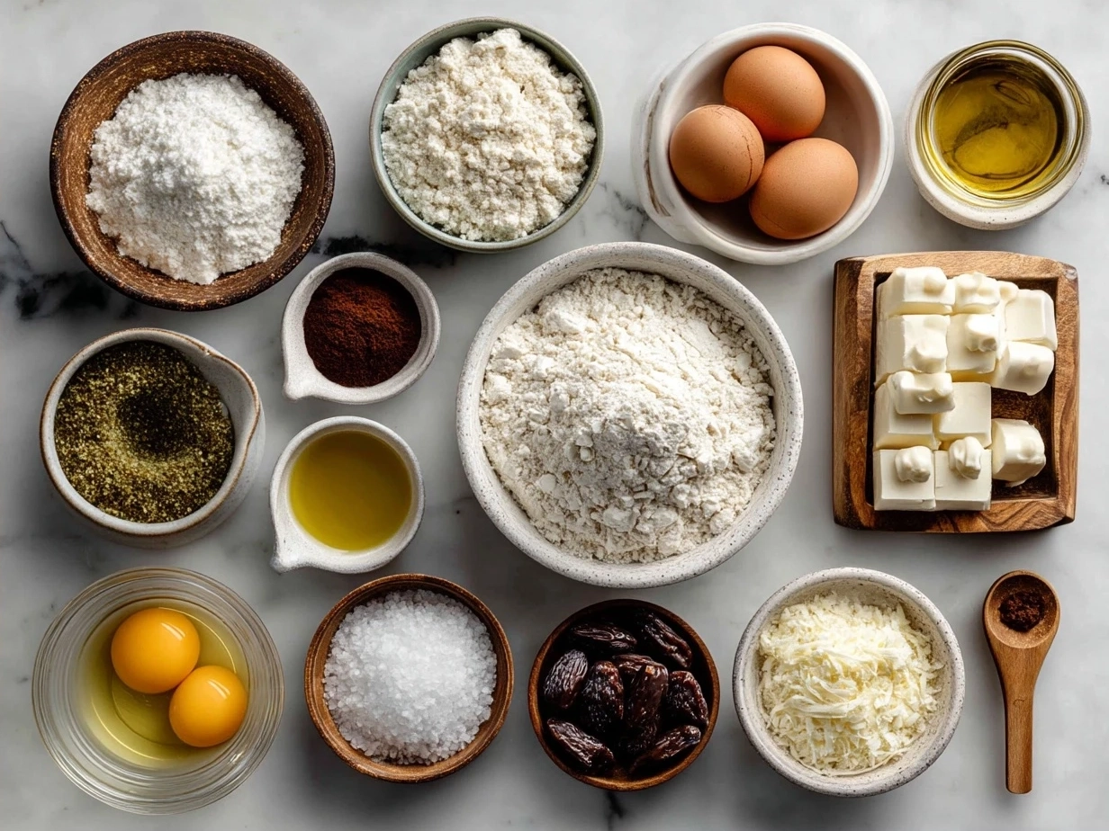 Ingredients of Italian Love Cake including flour, sugar, almonds, and eggs
