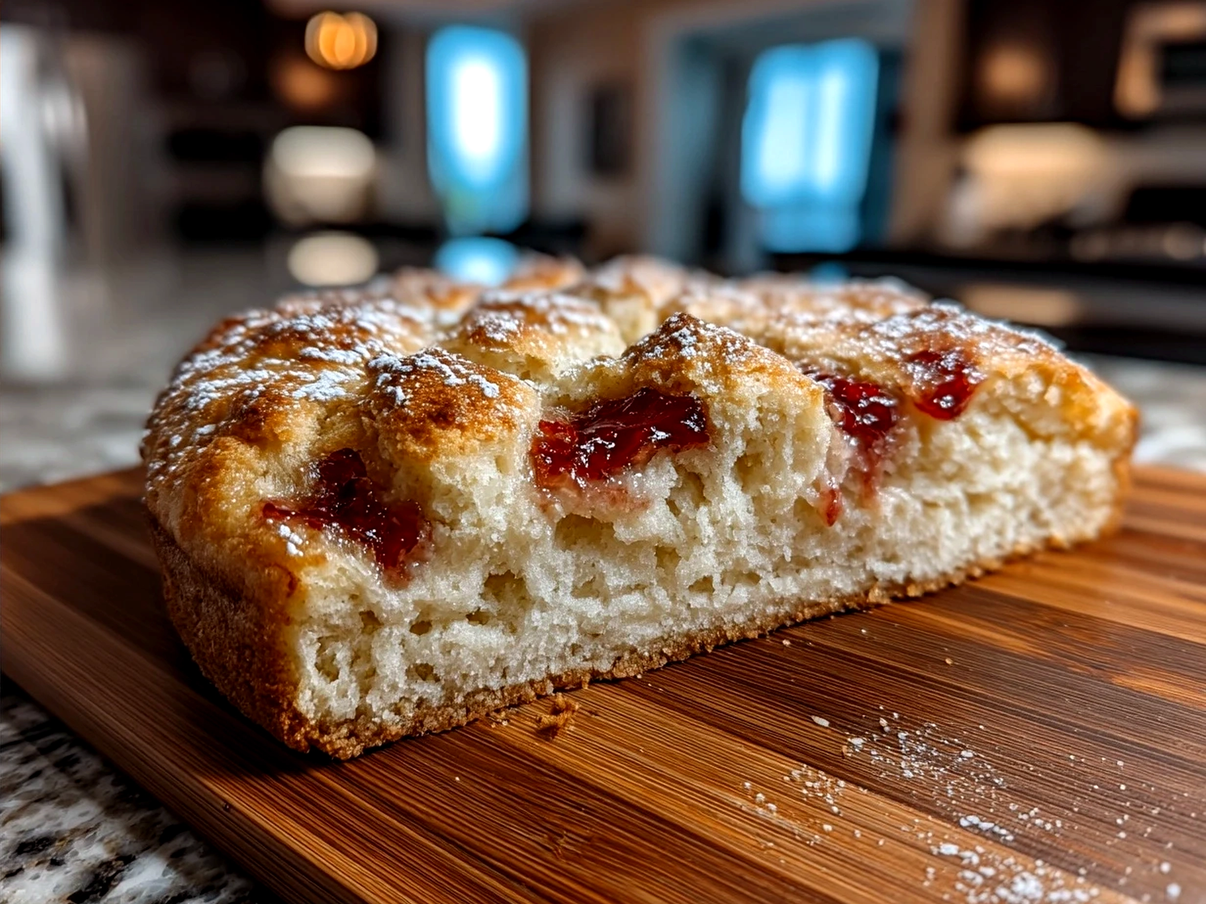 Freshly baked jam donut focaccia served for breakfast