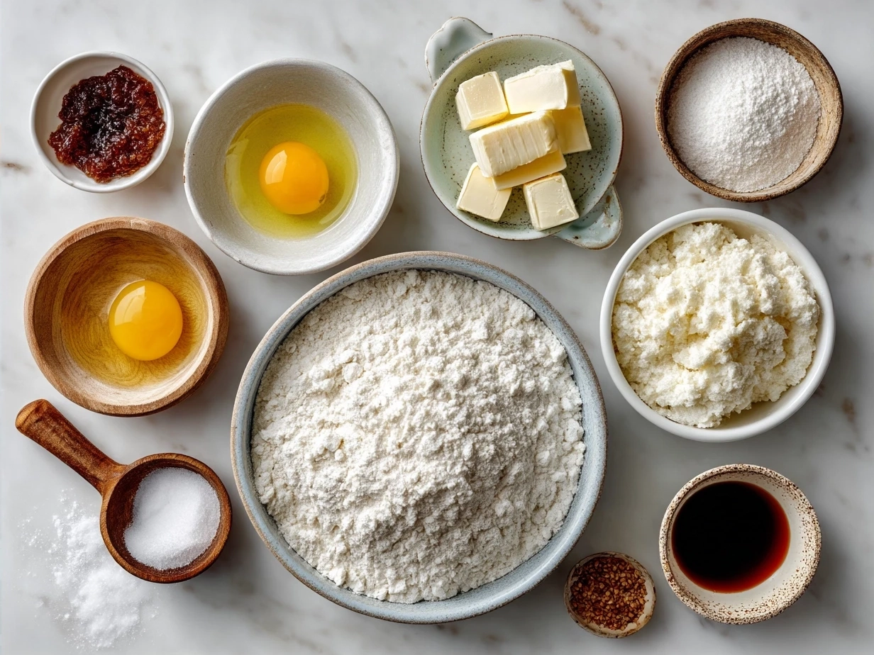 Ingredients for jam donut focaccia laid out