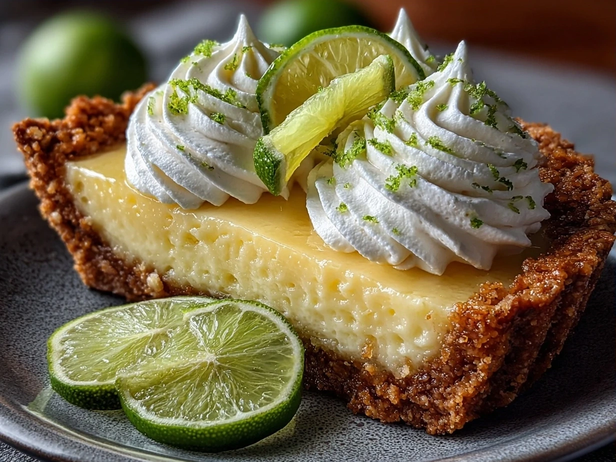 Sliced Key Lime Pie with whipped cream topping ready to serve