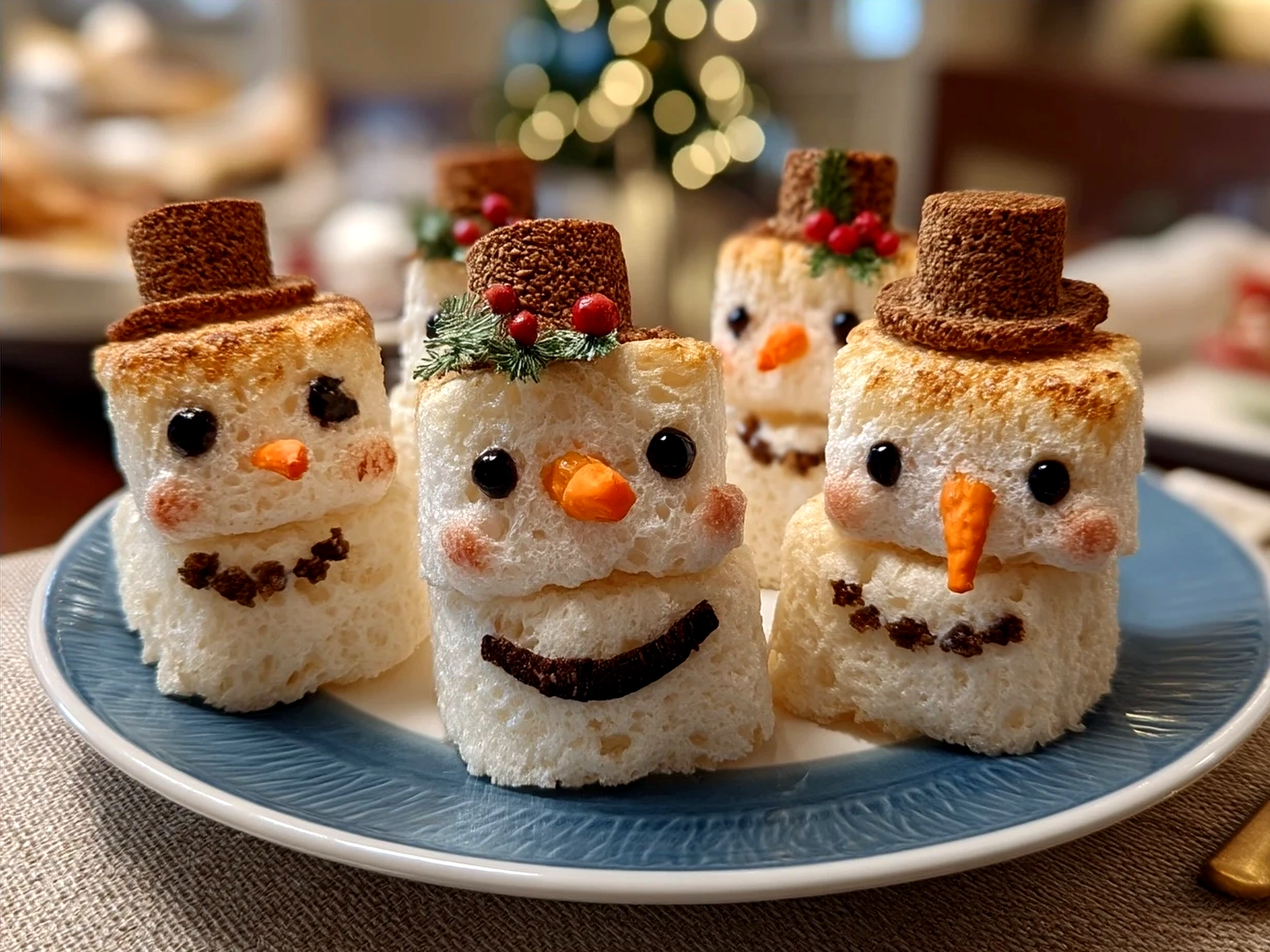 Finished Marshmallow Snowman Treats decorated with candy and pretzels on a festive plate