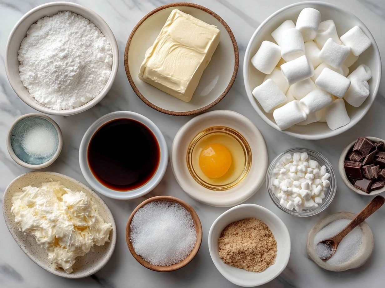 Ingredients for Marshmallow Snowman Treats including marshmallows, butter, crisp rice cereal, and decorating items