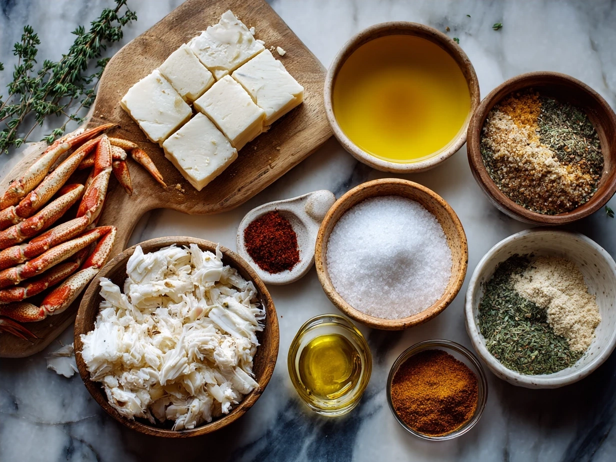 Ingredients for Maryland Crab Cakes Recipe including crab meat, mayonnaise, eggs, Old Bay seasoning, and breadcrumbs